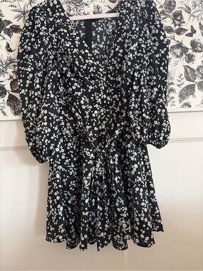 Black and White Floral Wrap Mini Dress